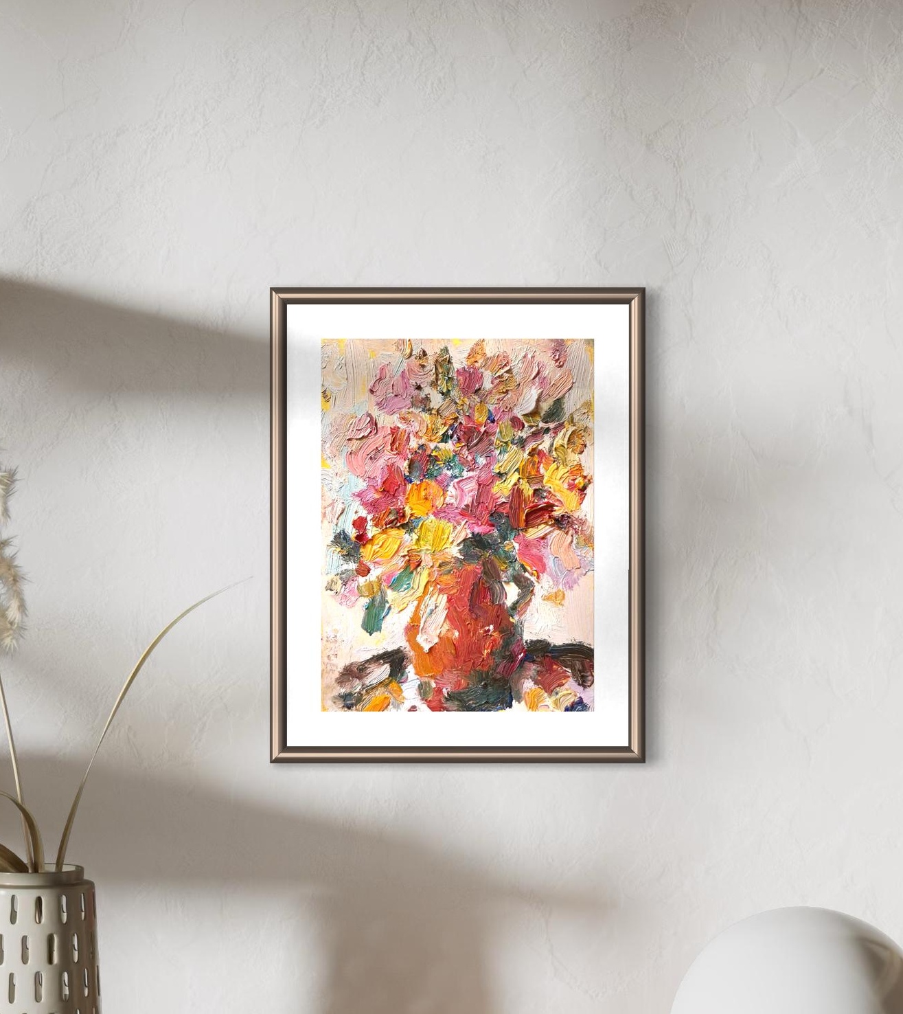PINK YELLOW FLORAL VASE ORIGINAL OIL PAINTING