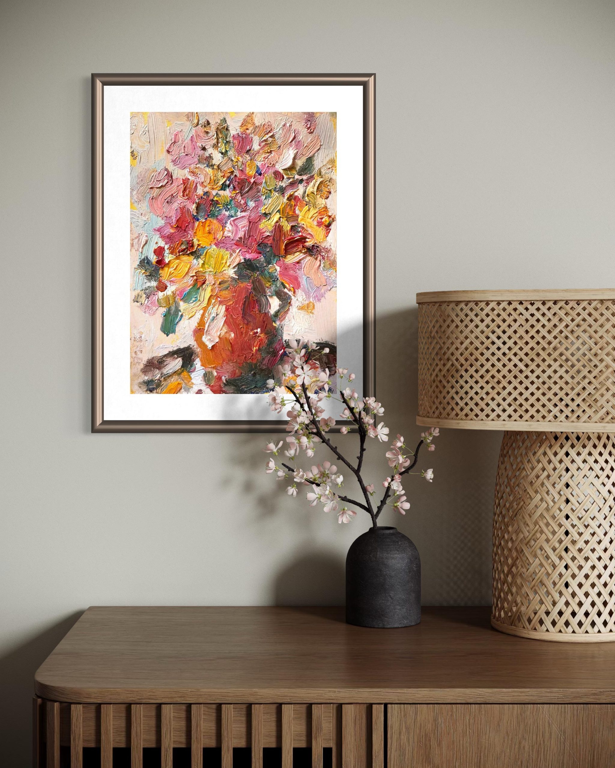 PINK YELLOW FLORAL VASE ORIGINAL OIL PAINTING - Image 5