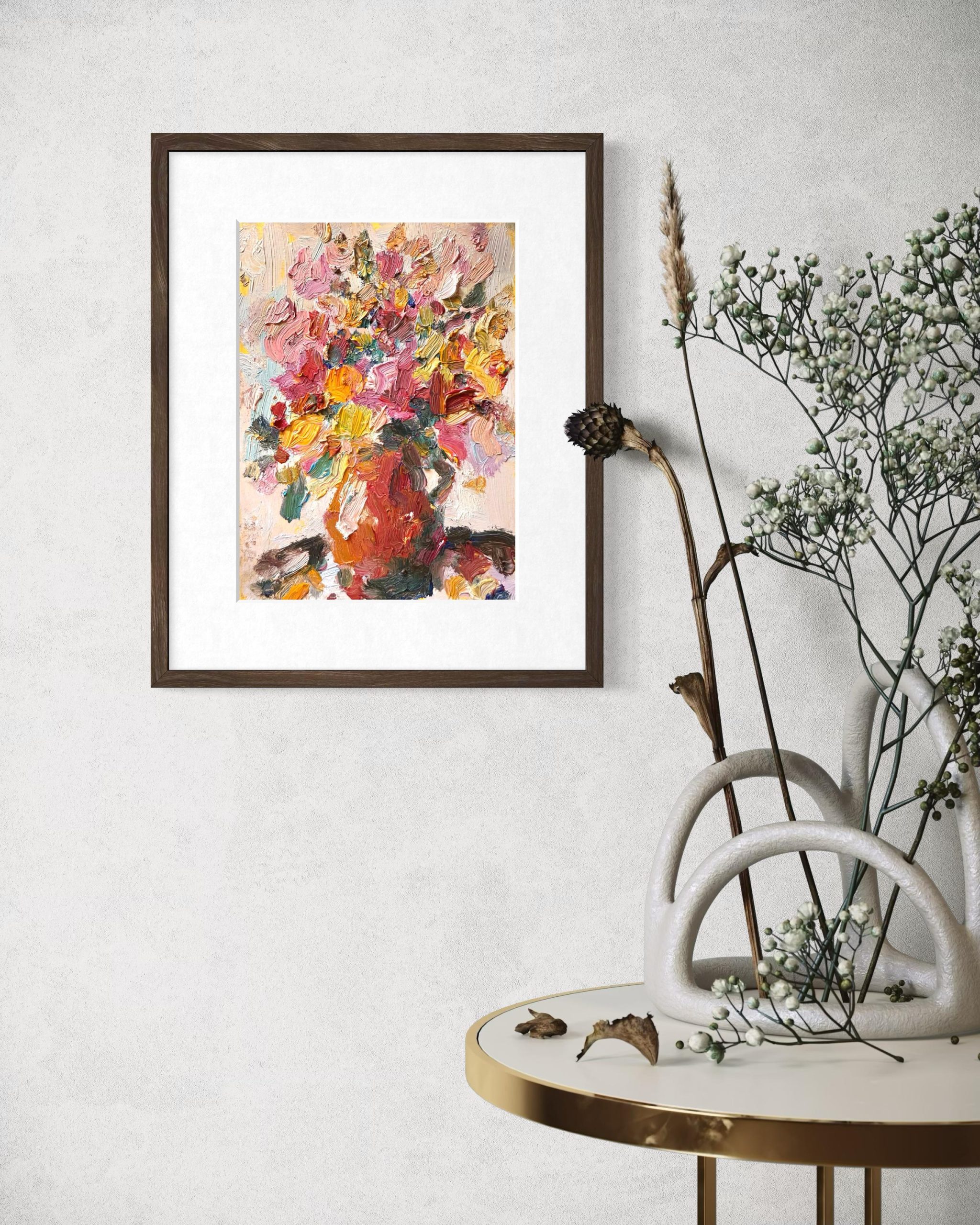 PINK YELLOW FLORAL VASE ORIGINAL OIL PAINTING - Image 3