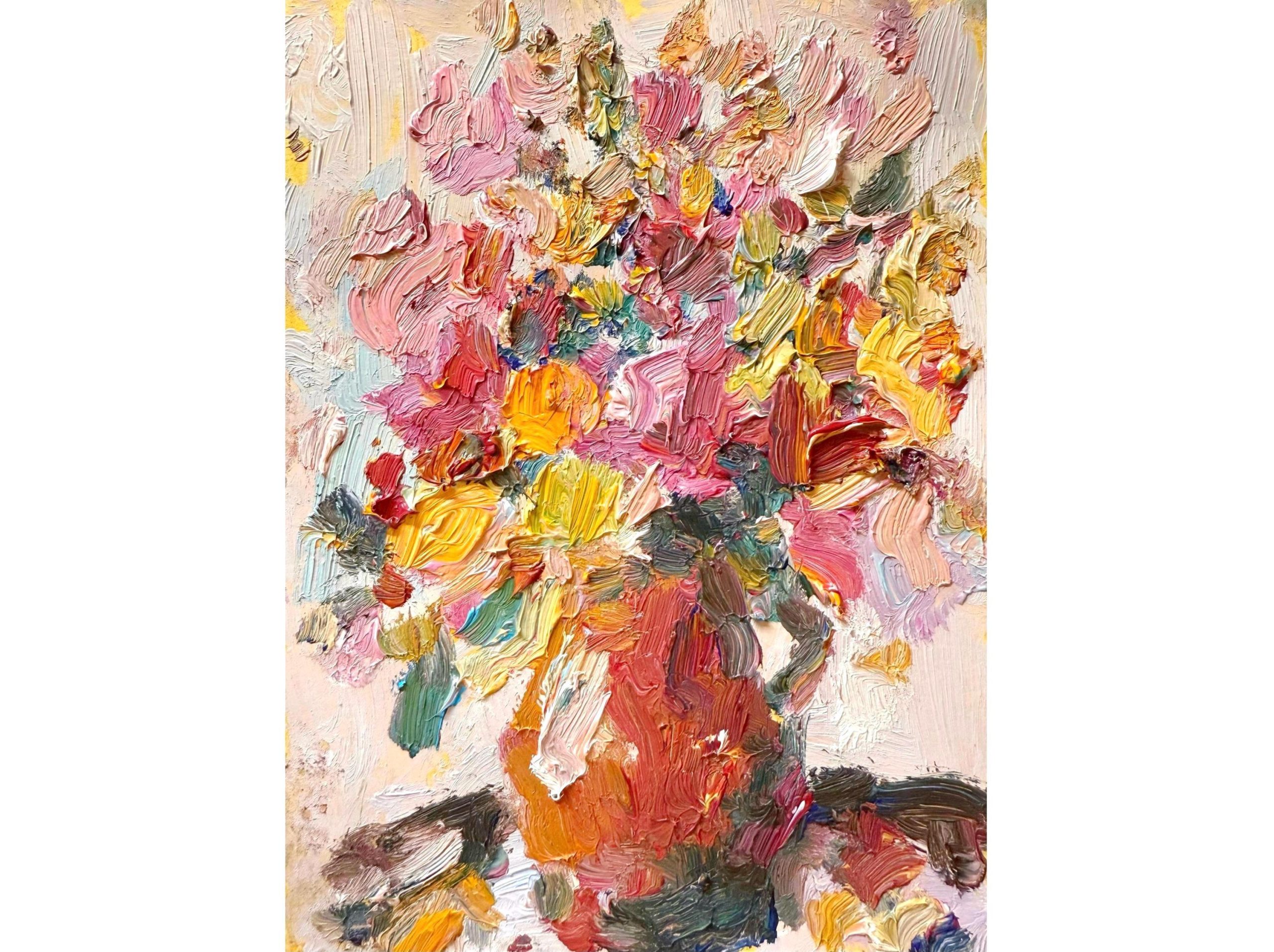 PINK YELLOW FLORAL VASE ORIGINAL OIL PAINTING - Image 2