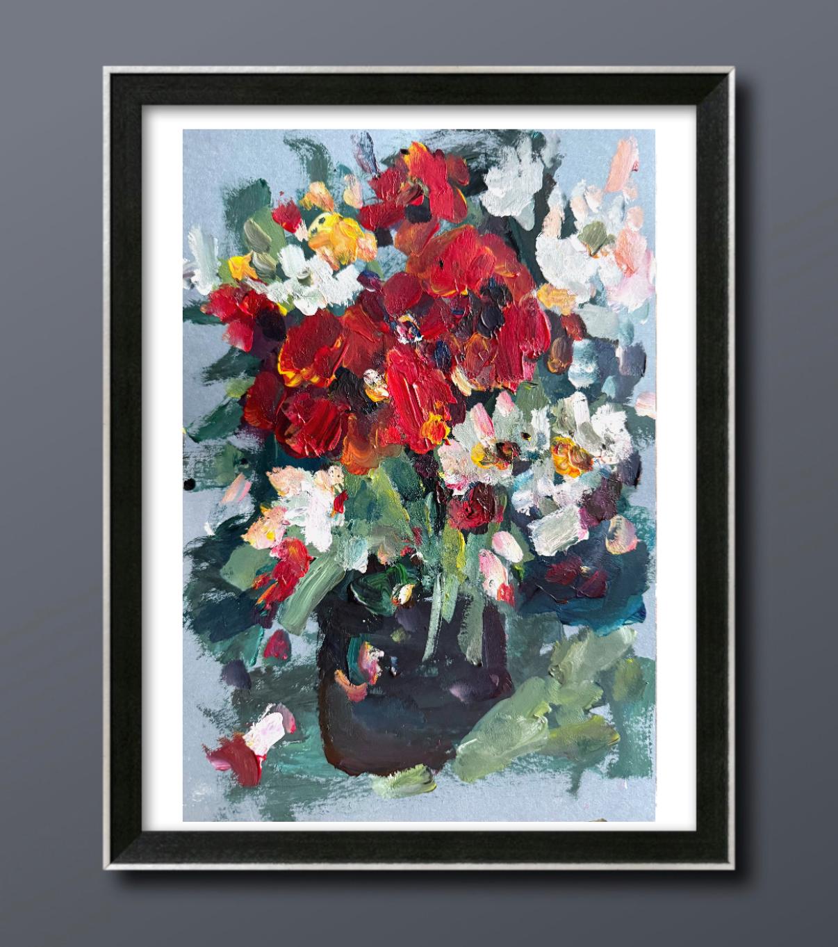 RED WHITE FLORAL BOUQUET ORIGINAL OIL PAINTING