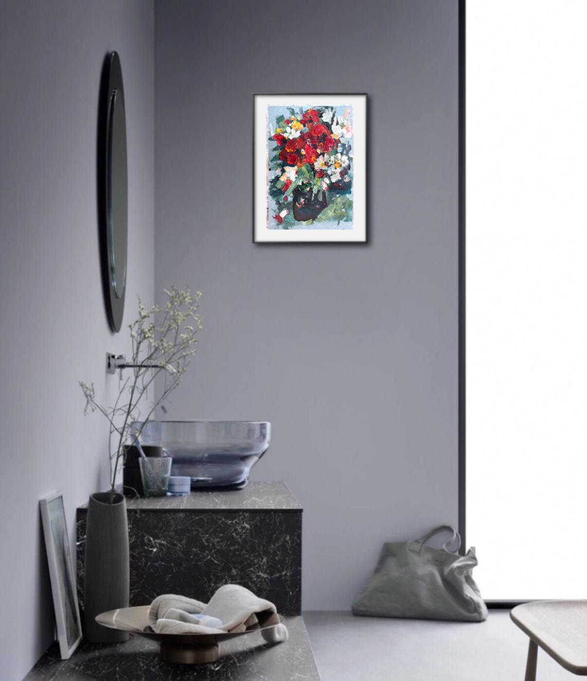 RED WHITE FLORAL BOUQUET ORIGINAL OIL PAINTING - Image 4