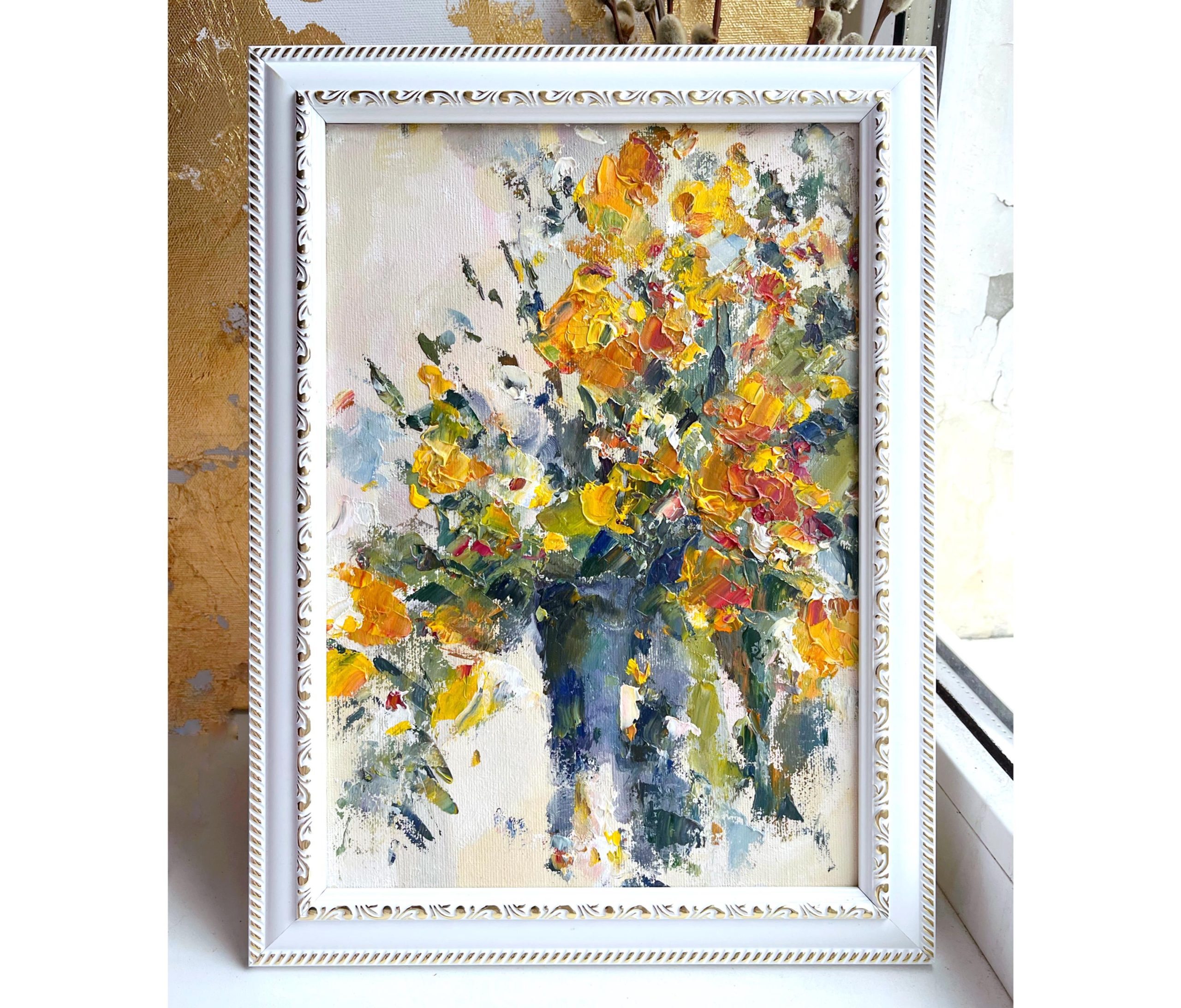 YELLOW WILDFLOWER VASE ORIGINAL OIL PAINTING