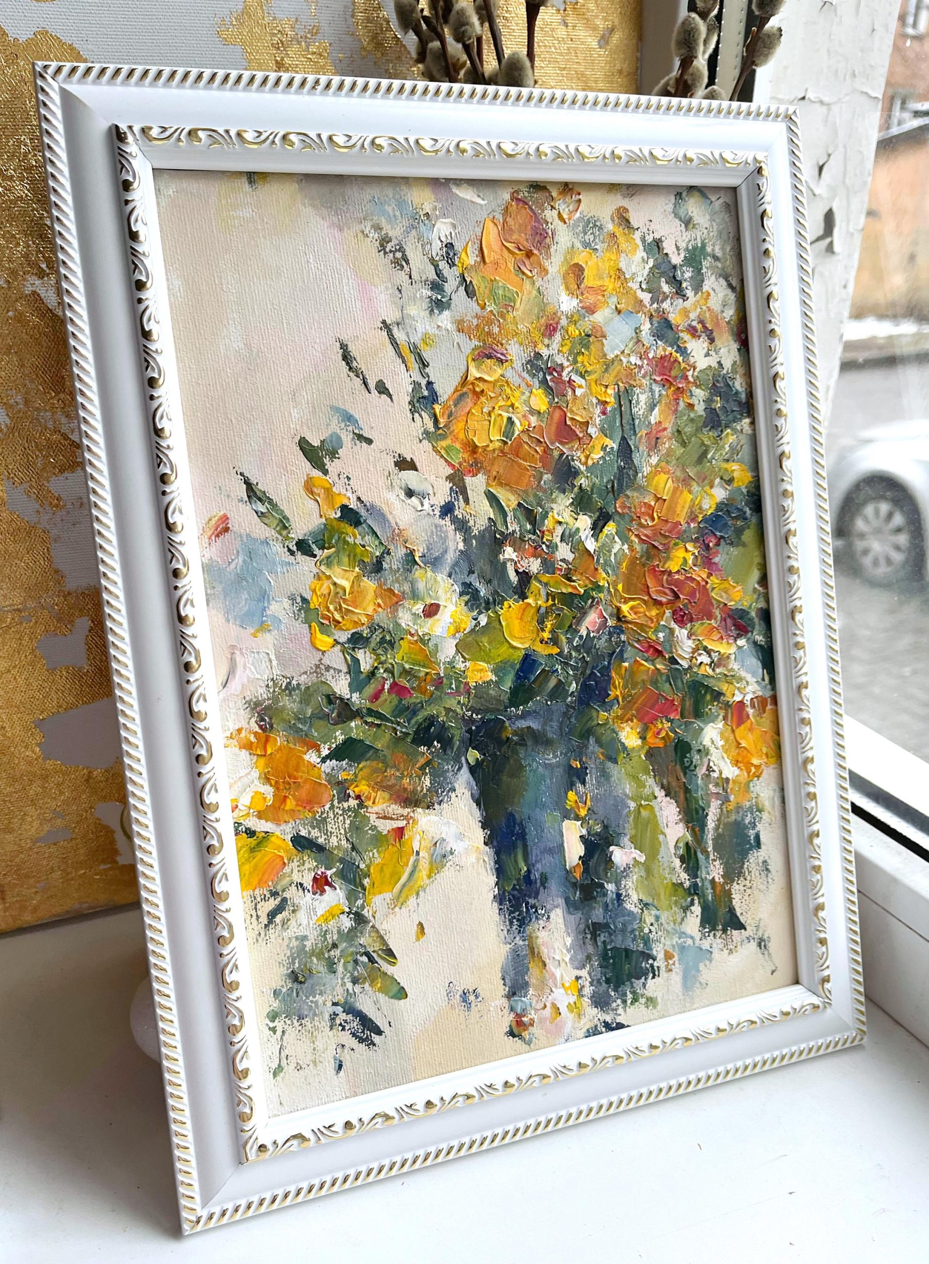 YELLOW WILDFLOWER VASE ORIGINAL OIL PAINTING - Image 4