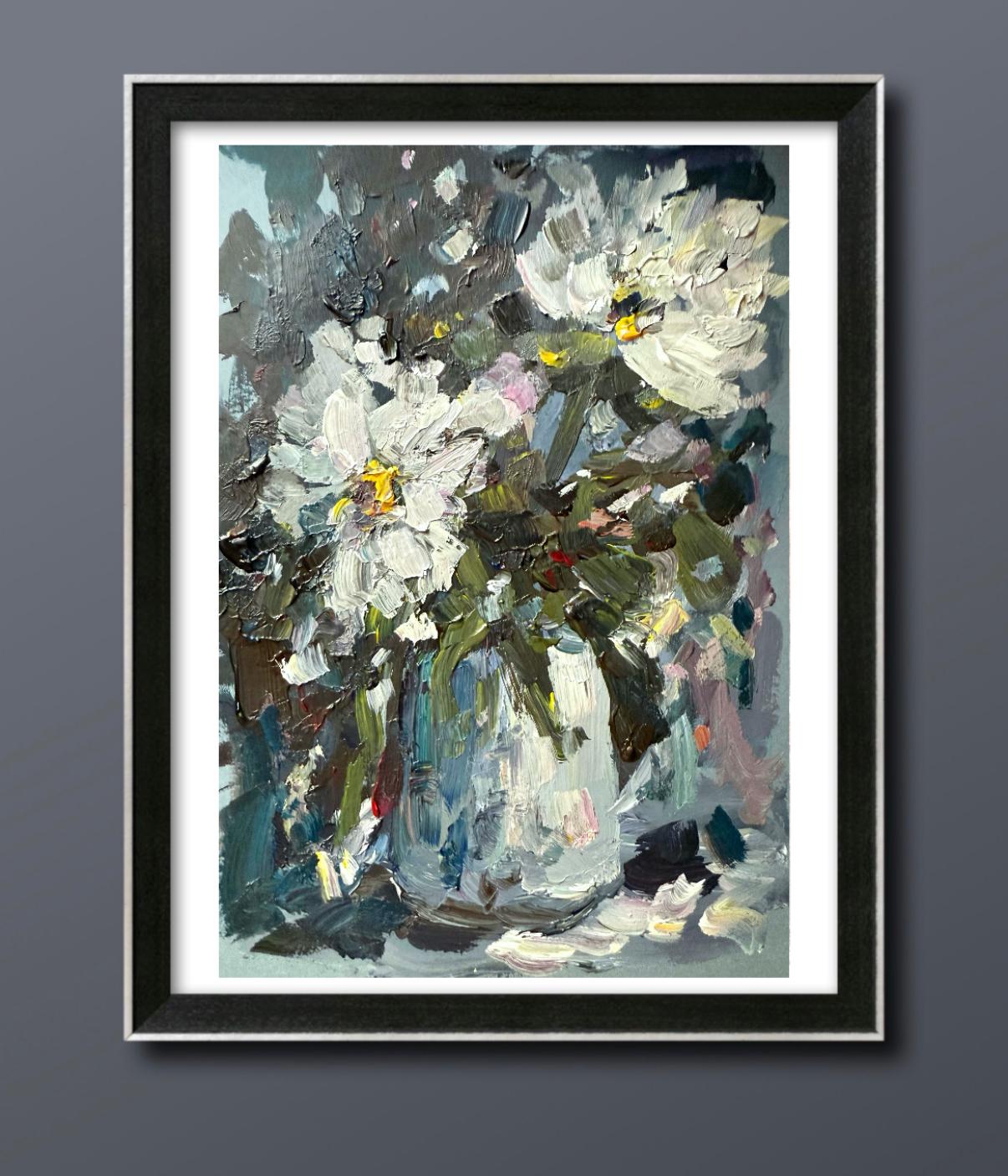 WHITE DAISY FLORAL ORIGINAL OIL PAINTING