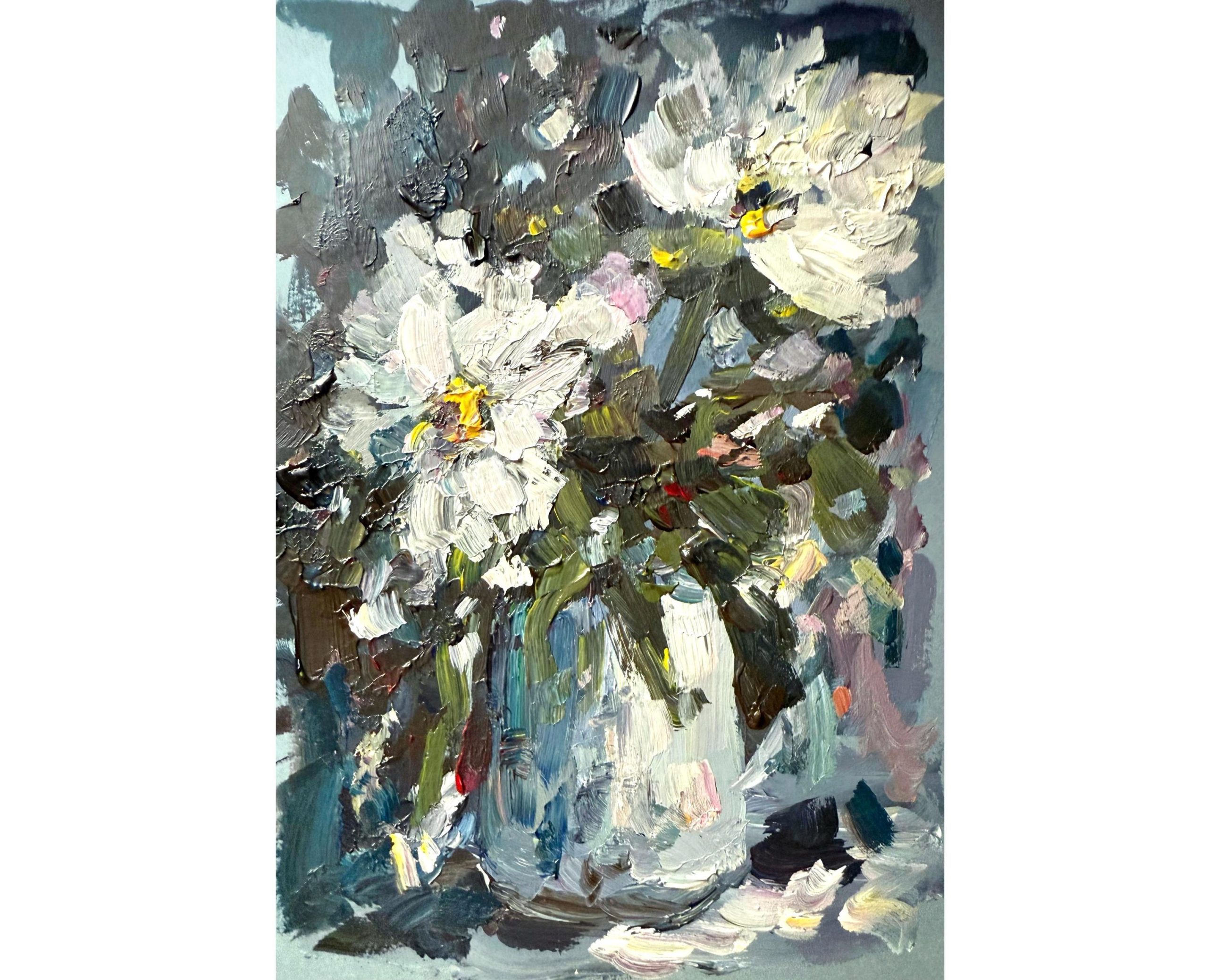 WHITE DAISY FLORAL ORIGINAL OIL PAINTING - Image 2