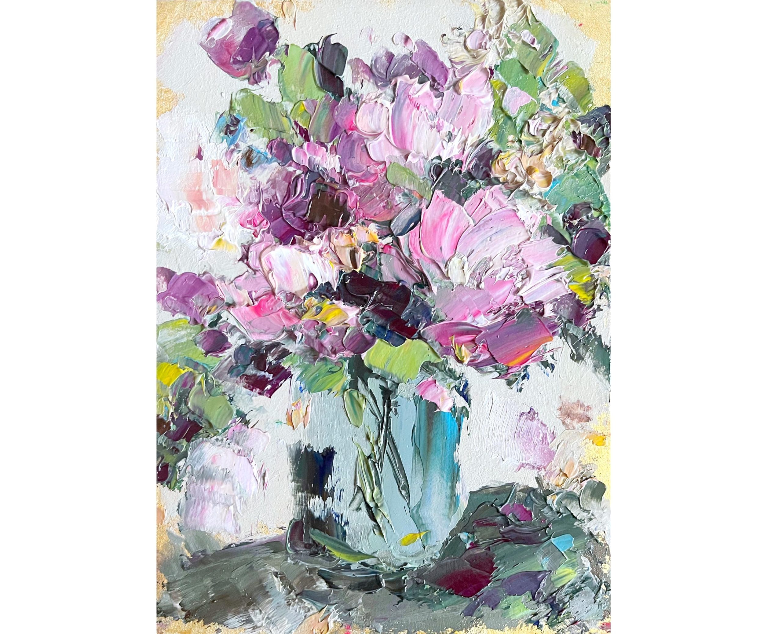 PINK PURPLE FLORAL VASE ORIGINAL OIL PAINTING - Image 2