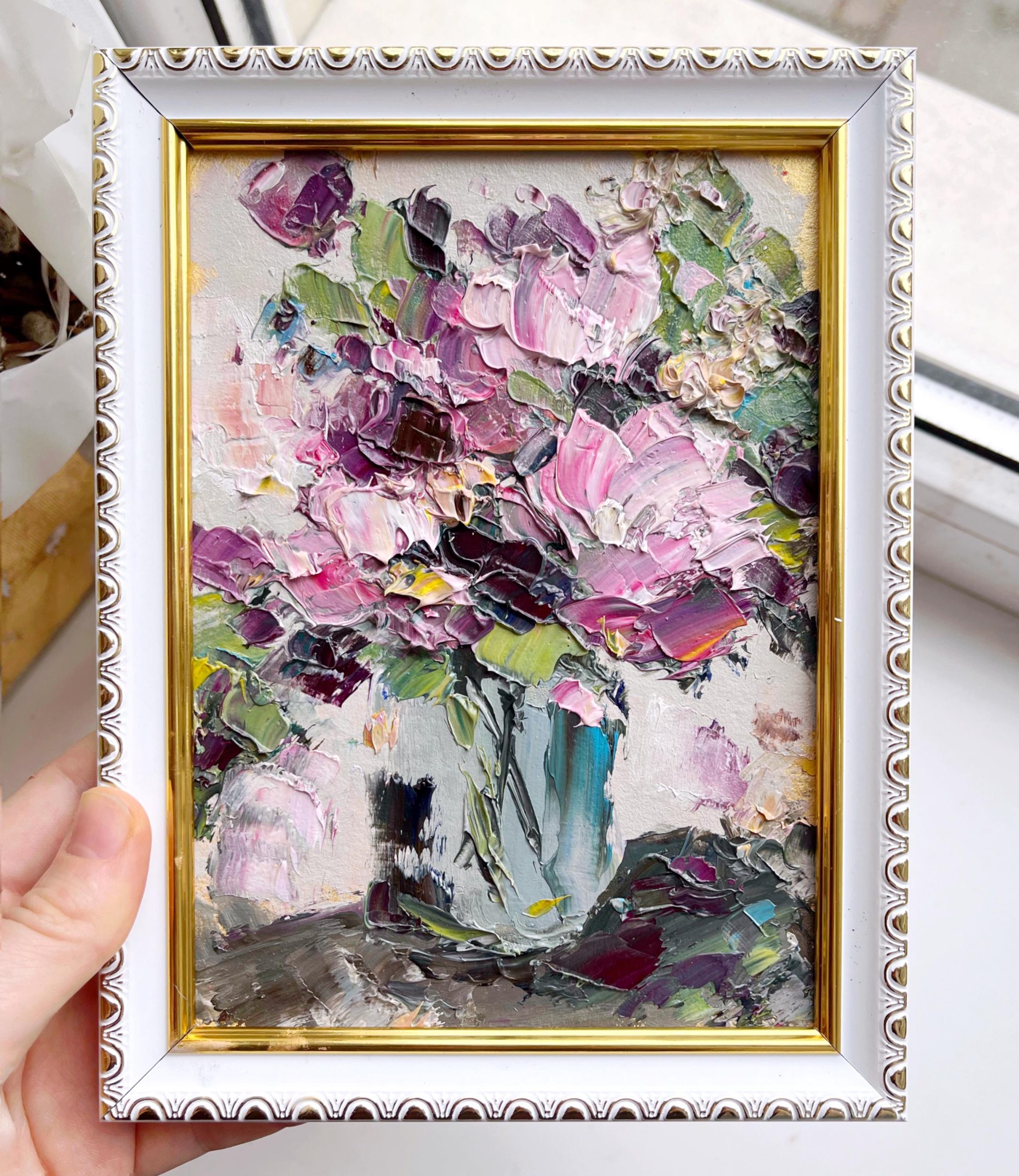 PINK PURPLE FLORAL VASE ORIGINAL OIL PAINTING - Image 3