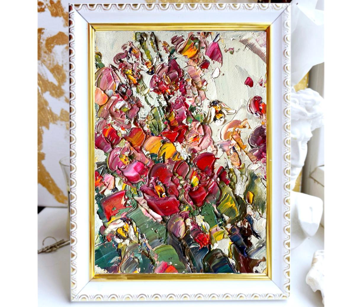 RED PINK FLORAL BOUQUET ORIGINAL OIL PAINTING
