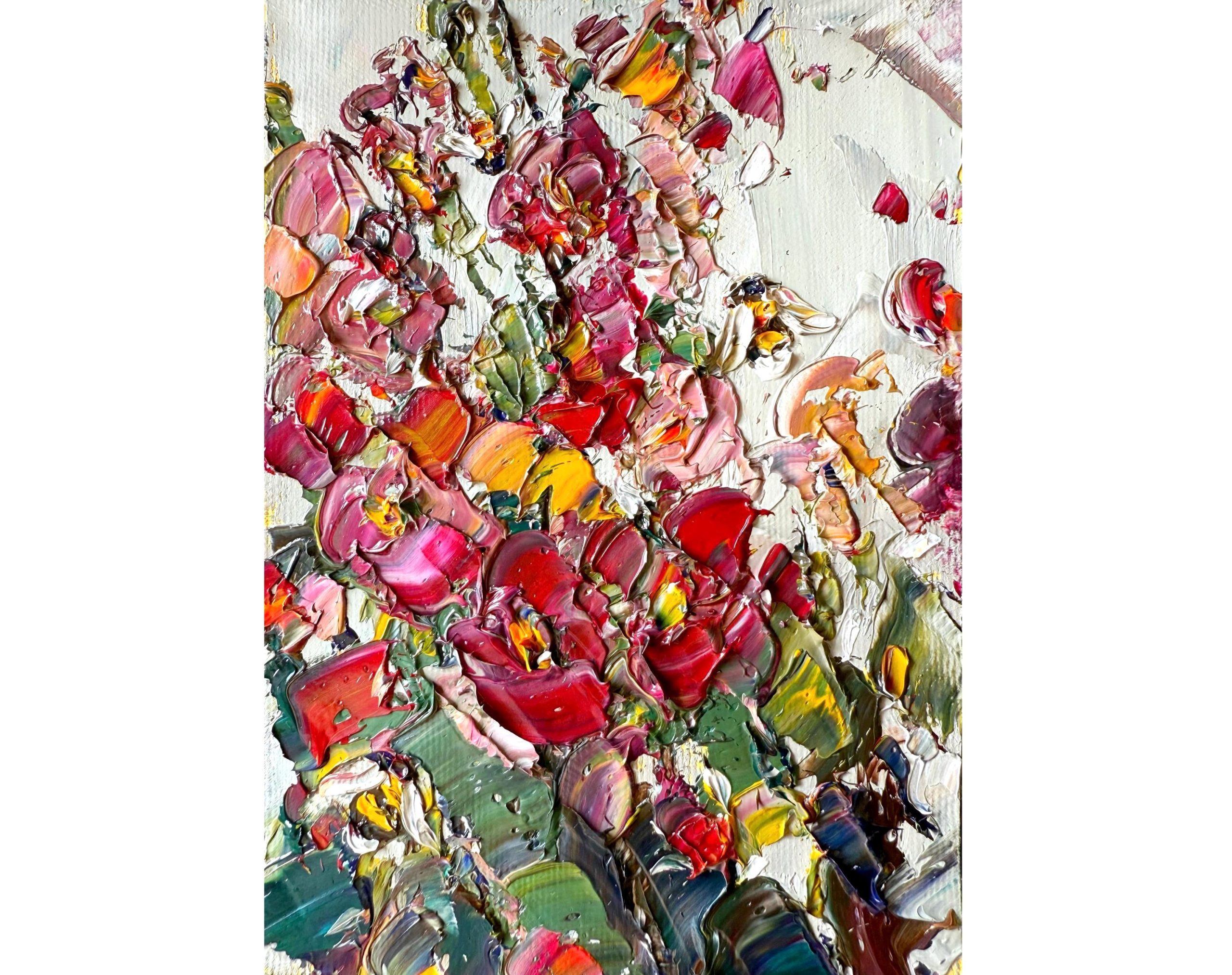 RED PINK FLORAL BOUQUET ORIGINAL OIL PAINTING - Image 2