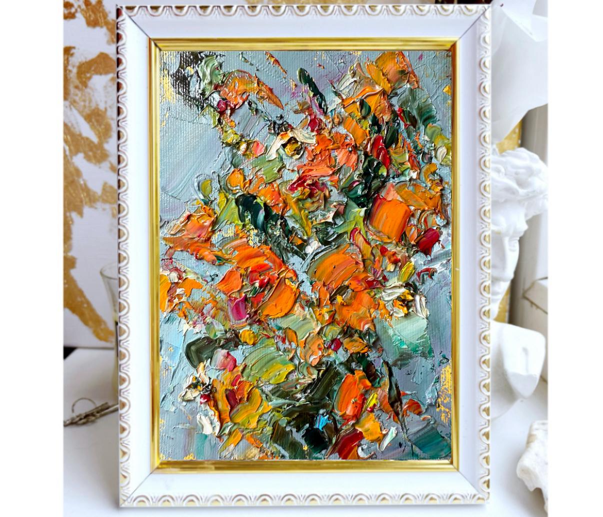 ORANGE WILDFLOWER BOUQUET ORIGINAL OIL PAINTING