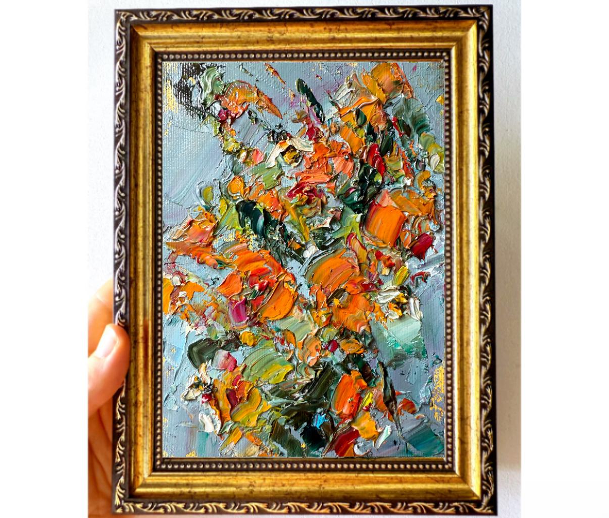 ORANGE WILDFLOWER BOUQUET ORIGINAL OIL PAINTING - Image 4