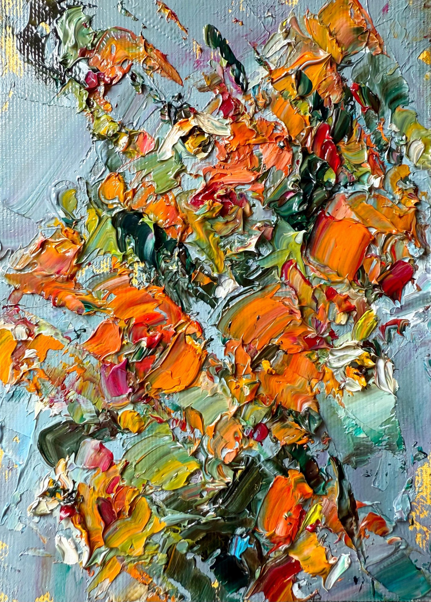 ORANGE WILDFLOWER BOUQUET ORIGINAL OIL PAINTING - Image 3