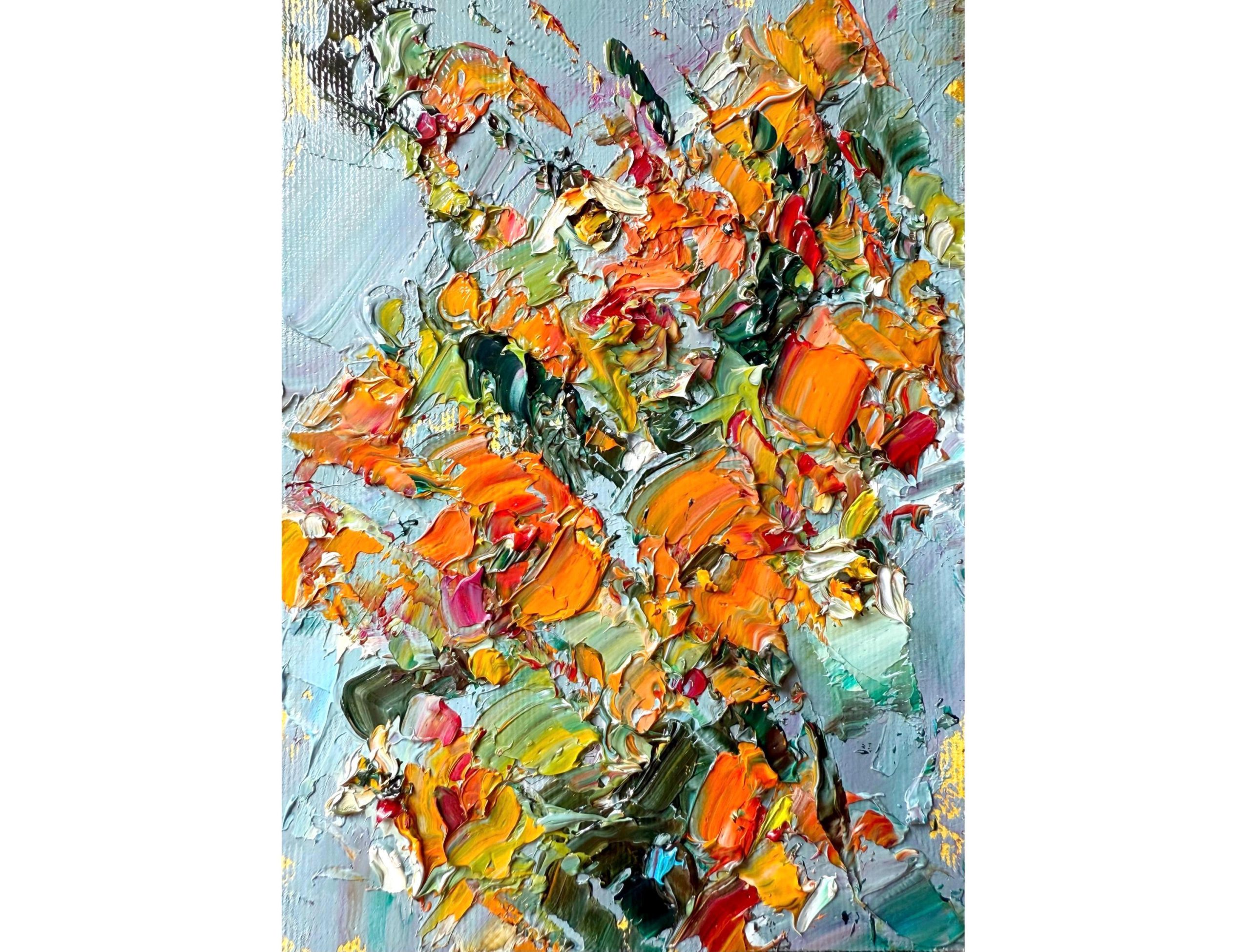 ORANGE WILDFLOWER BOUQUET ORIGINAL OIL PAINTING - Image 2