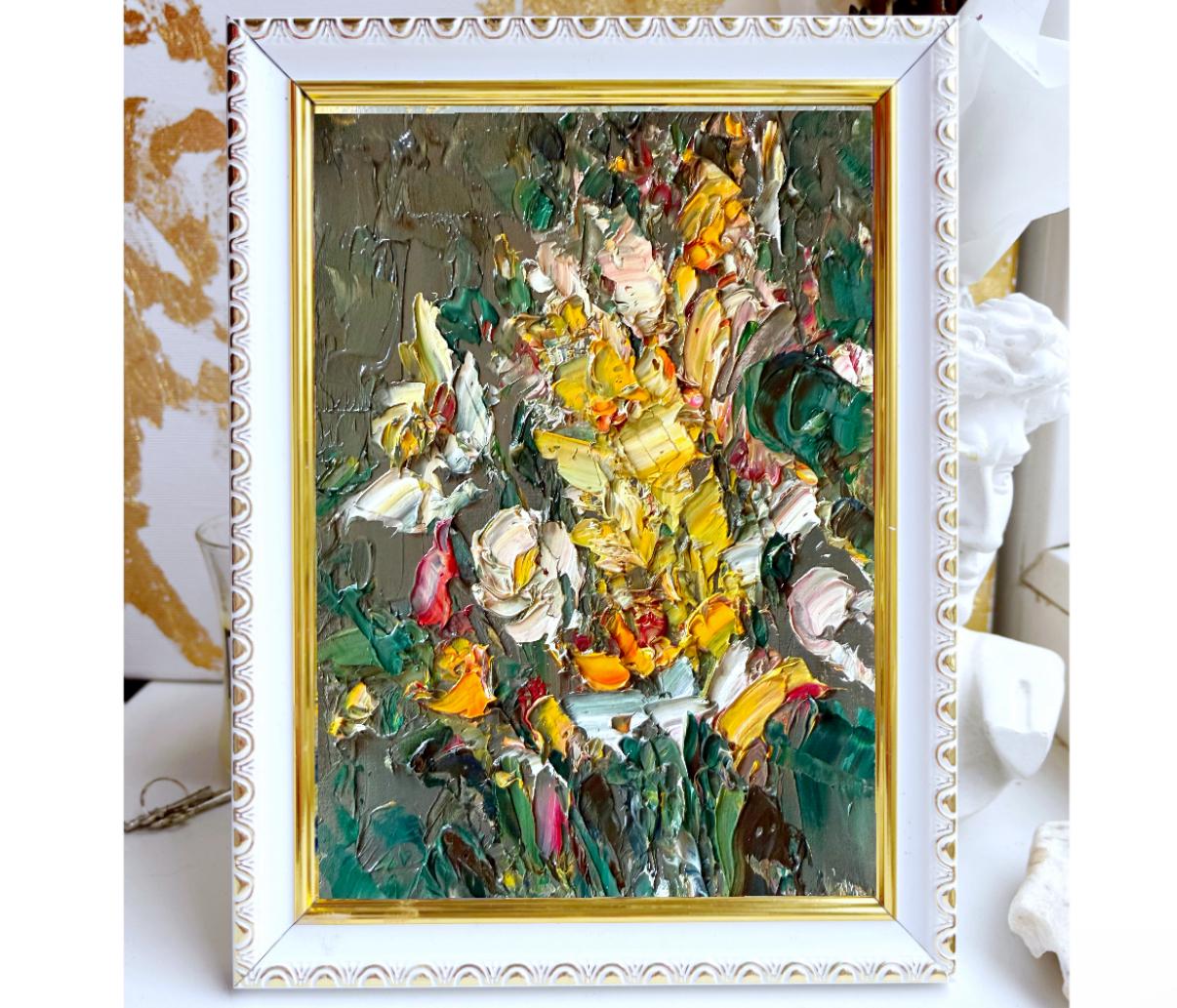 YELLOW WHITE FLORAL BOUQUET ORIGINAL OIL PAINTING