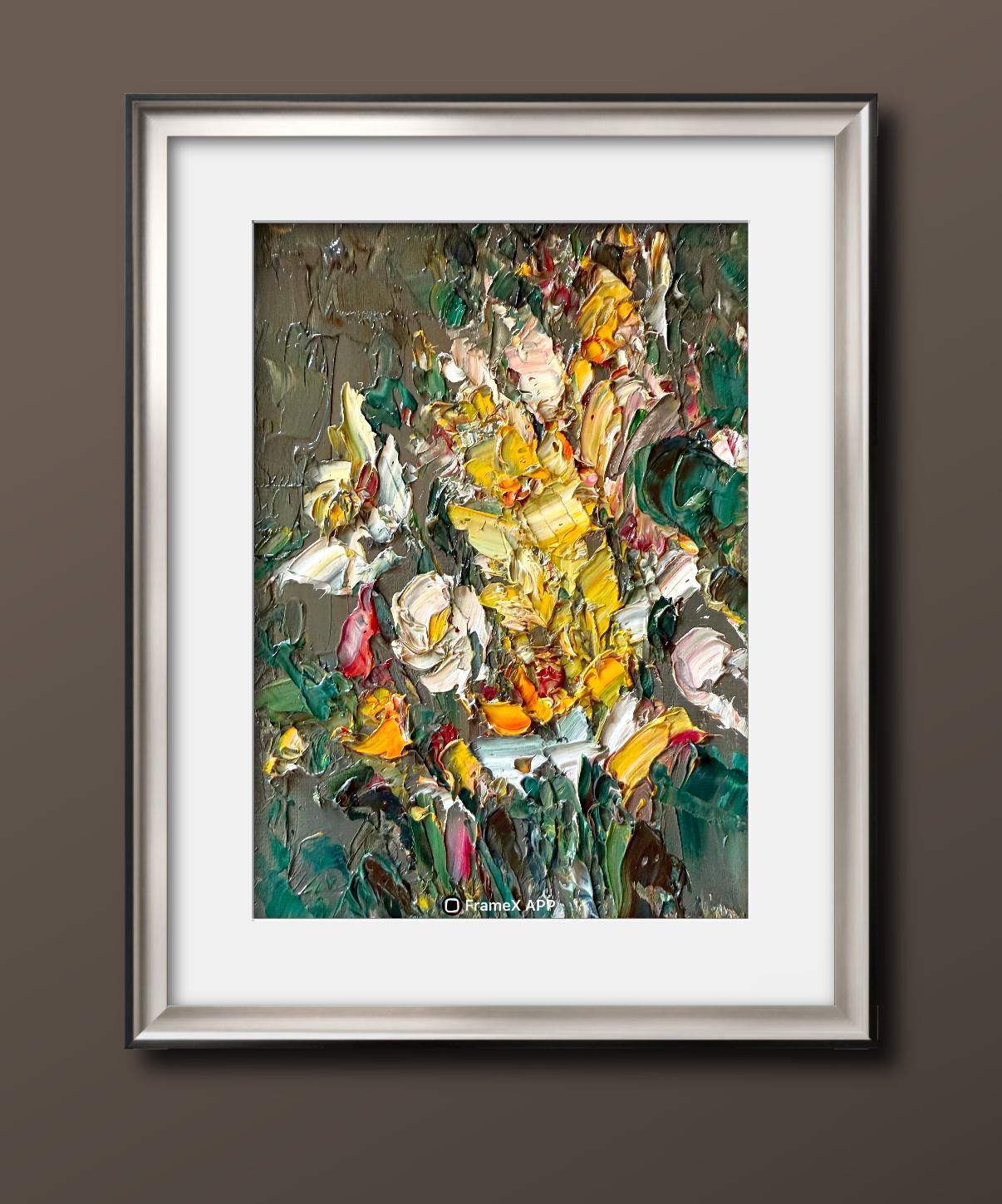YELLOW WHITE FLORAL BOUQUET ORIGINAL OIL PAINTING - Image 3