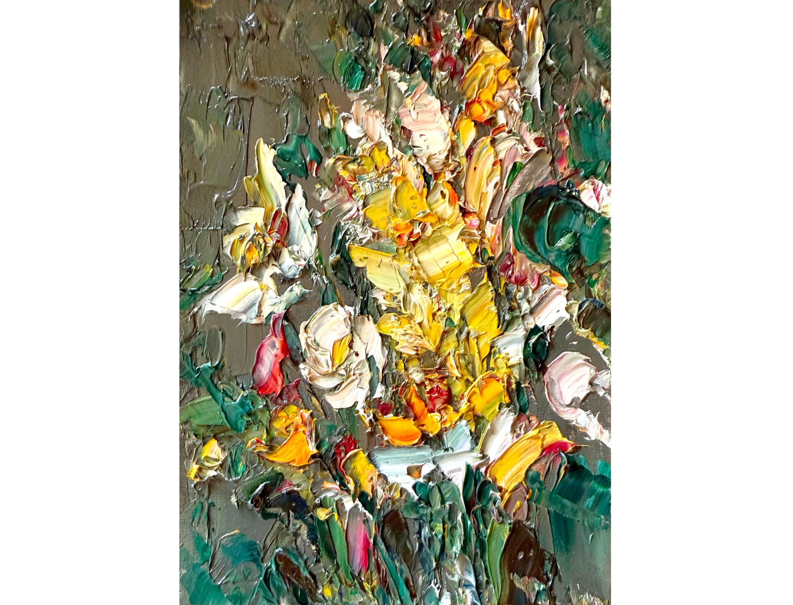 YELLOW WHITE FLORAL BOUQUET ORIGINAL OIL PAINTING - Image 2