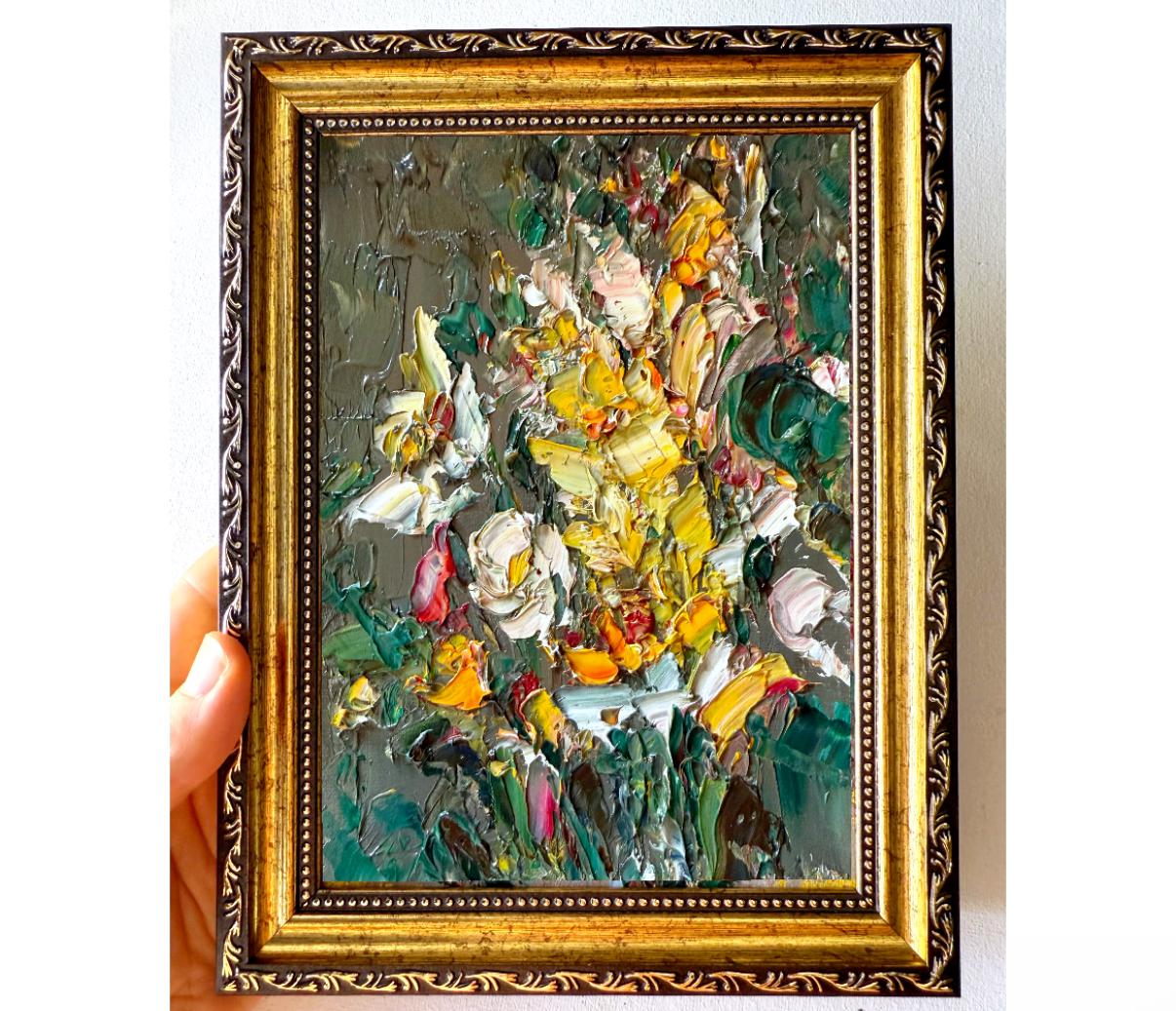 YELLOW WHITE FLORAL BOUQUET ORIGINAL OIL PAINTING - Image 4